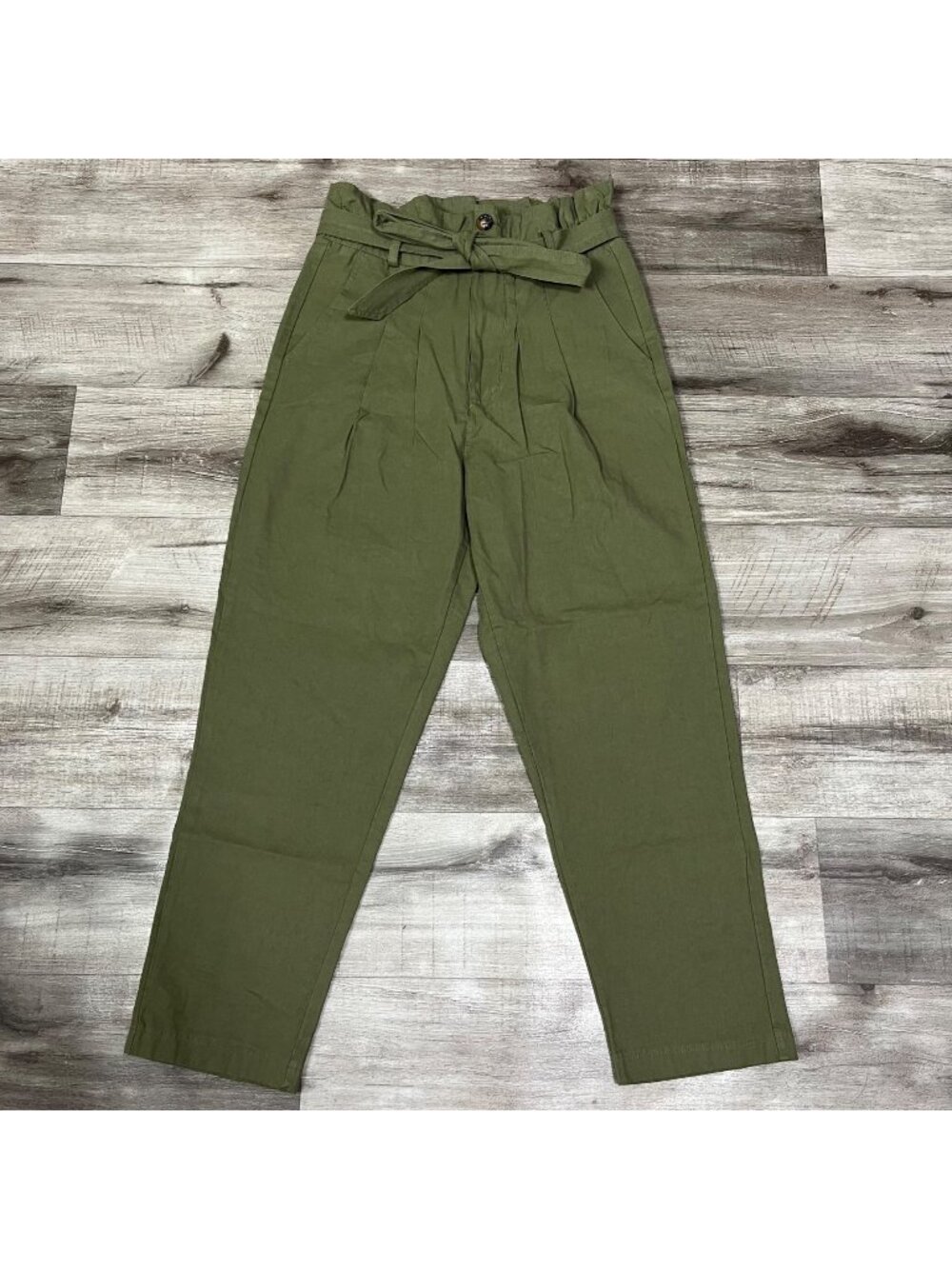 7 For All Mankind High Rise Paperbag Slim Straight Trousers Green NWT Size S